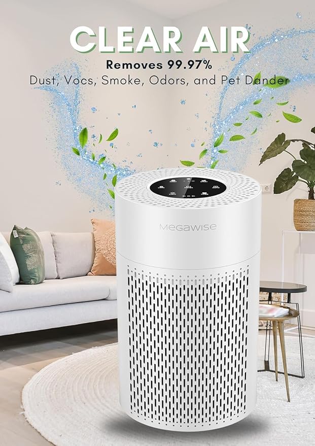 MEGAWISE True HEPA Air Purifier EPI235A, 3-Stage Filtration, Quiet 24dB Operation, Manages Airborne Particulates & Pet Hair , Perfect for 215 sq ft Rooms, White