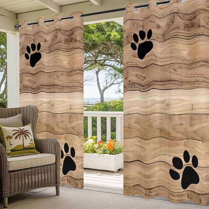 Wood Grain Outdoor Curtains for Patio Claws Animals Wooden Brown Waterproof Outside Curtains with Grommet Top Weatherproof Curtain for Cabana Pergola Gazebo, 2 Pack, 54" W x 108" L