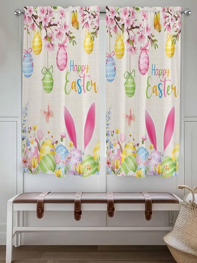 Happy Easter Bedroom Curtains 63 Inches length, Spring Farmhouse Bunny Eggs Flower Beige Window Treatment Curtain Drapes, Rod Pocket Curtain Panels for Living Room Kitchen, 42"x63", 2 Panels