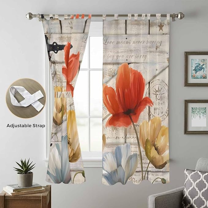 Retro Floral Living Room Curtains 84 Inch Length, Window Curtains Tab Top, Red Yellow Tulips Barm Doors Farmhouse Wooden Light Filtering Window Treatments Drapes 52"x84" 2 Panel