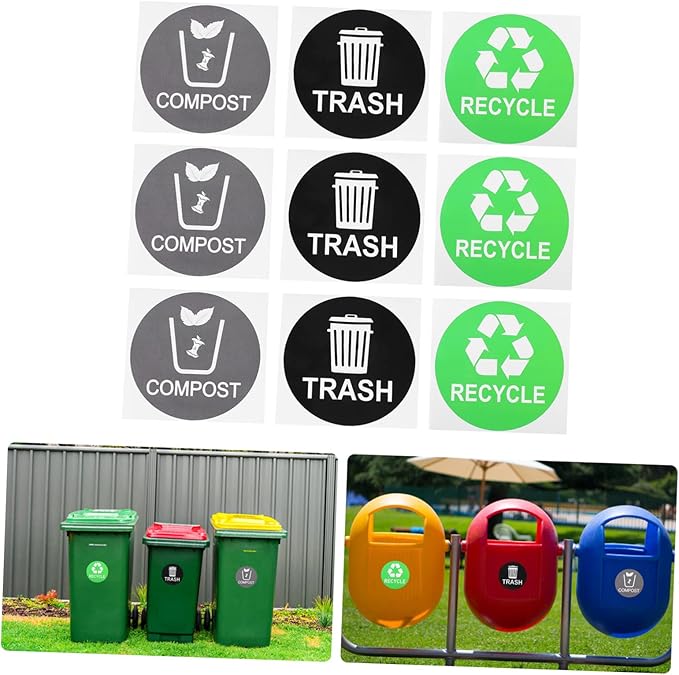 Garbage Can Recycling Stickers 9pcs Waste Sorting Decals Removable Adhesive Black Small Trash Can