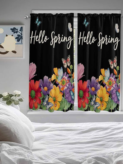 Spring Flowers Living Room Curtains 72 Inches length, Watercolor Country Colorful Floral Black Window Treatment Curtain Drapes, Light Filtering Drapes for Bedroom Laundry Room, 52"x72", 2 Panels
