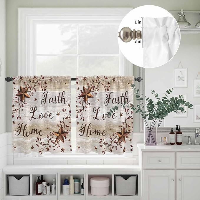 Kitchen Curtains Tiers and Valance Set of 3, Texas Star Brown Light Filtering Window Curtain Set, Farmhouse Retro Branches Wooden Grain Rod Pocket Curtain Drapes for Cafe, Living Room, 24 Inches Tiers