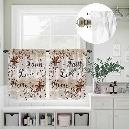 Kitchen Curtains Tiers and Valance Set of 3, Texas Star Brown Light Filtering Window Curtain Set, Farmhouse Retro Branches Wooden Grain Rod Pocket Curtain Drapes for Cafe, Living Room, 24 Inches Tiers