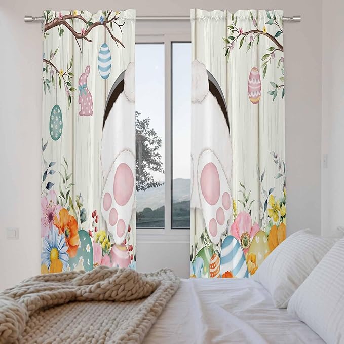 Easter Window Curtains 72 Inch Long 2 Panel Set,Rod Pocket Long Curtains & Drapes,Spring Farmhouse Watercolor Bunny Eggs Wood Grain Light Filtering Window Treatment for Bedroom Living Room 52"W x 72"L