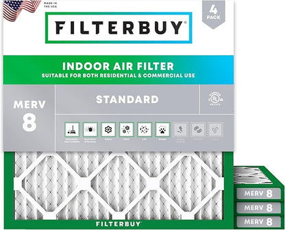 Filterbuy 11.25x11.25x1 Air Filter MERV 8 Essential Dust & Allergy Defense (4-Pack), Electrostatic Pleated HVAC AC Furnace Filters Replacement, Made in USA (Actual Size: 11.25 x 11.25 x 0.75)