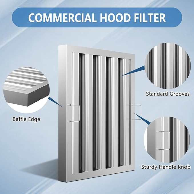 Stainless Steel Commercial Kitchen Hood Filter, 15.5W x 19.5H Inch Range Baffle Grease Rated Commercial Kitchen Exhaust Hood 4 Grooves Hood Filter (5 Pack)