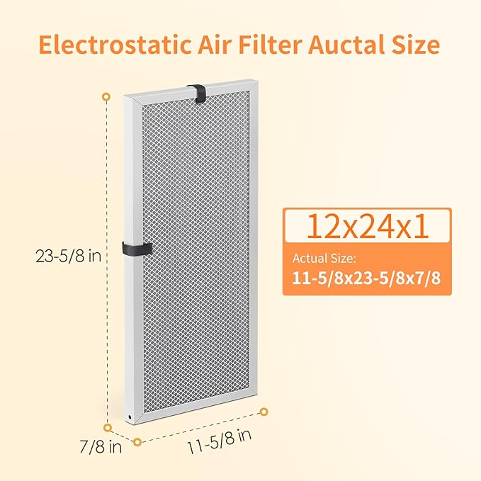 2-Pack 12x24x1 MERV 8 Reusable & Washable Electrostatic Air Filters - Long-Lasting Filter for HVAC, Furnace & Air Conditioner Units, Actual Size: 11-5/8” x 23-5/8” x 7/8”