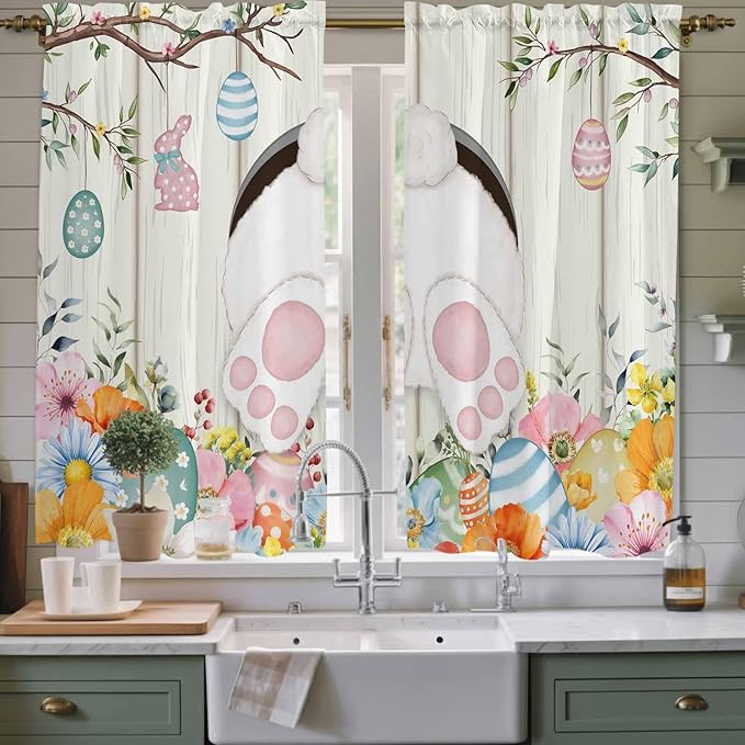 Easter Window Curtains 63 Inch Long 2 Panel Set, Rod Pocket Bedroom Curtains & Drapes, Spring Farmhouse Watercolor Bunny Eggs Wood Grain Light Filtering Window Treatment for Living Room 42"W x 63"L
