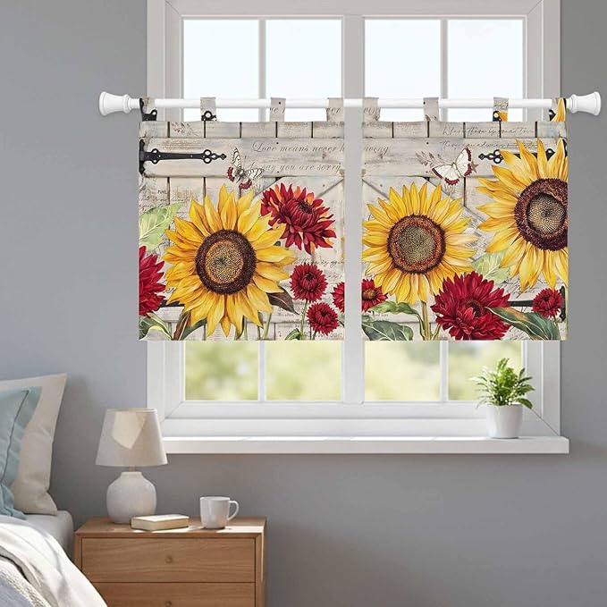Red Yellow Sunflowers Kitchen Curtains 36 Inch Length, Small Window Curtains Tab Top, Retro Rustic Barn Doors Butterfly Brown Light Filtering Short Window Treatments Tier Drapes 27.5"x36" 2 Panel