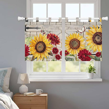 Red Yellow Sunflowers Kitchen Curtains 36 Inch Length, Small Window Curtains Tab Top, Retro Rustic Barn Doors Butterfly Brown Light Filtering Short Window Treatments Tier Drapes 27.5"x36" 2 Panel