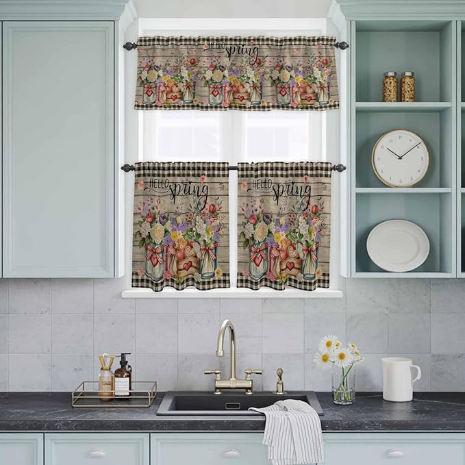 Spring Flowers Kitchen Curtain Set, Farmhouse Vintage Black Plaid Wood Grain Window Valance and Tiers 24" Length, Light Filtering Short Curtains Valance for Cafe Bathroom Bedroom 54"x18"