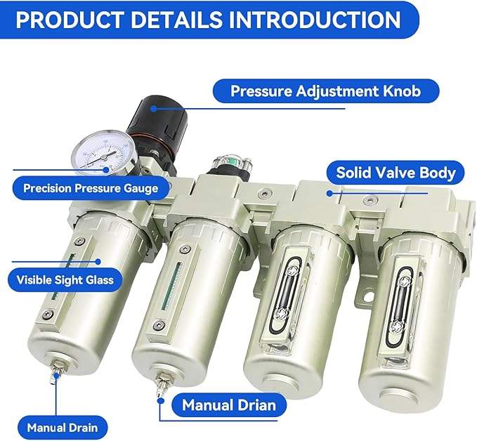 1/2" NPT Industrial Grade 4 Stage Air-Dryer-for-Compressor, Air-Compressor-Water-Separator-System for Plasma Cutter and Paint Spray,2Filter&2Dryer System.Manual Drain