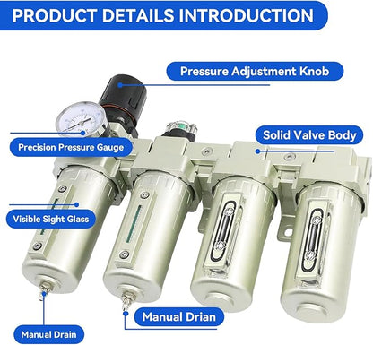 1/2" NPT Industrial Grade 4 Stage Air-Dryer-for-Compressor, Air-Compressor-Water-Separator-System for Plasma Cutter and Paint Spray,2Filter&2Dryer System.Manual Drain