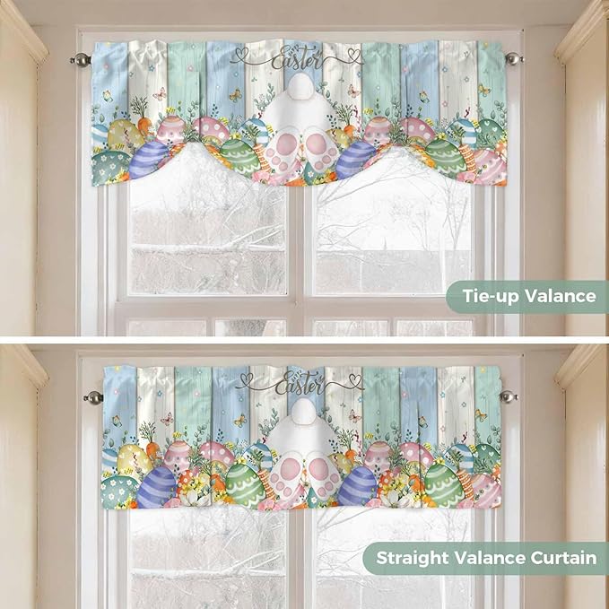 Easter Tie Up Valance Curtains for Windows, Kitchen Curtains Window Shades, Spring Rabbit Ears Foot Flowers Eggs Green Wooden Light Filtering Roman Curtain Valances for Bedroom/Bathroom/Cafe 60"x18"