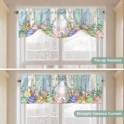 Easter Tie Up Valance Curtains for Windows, Kitchen Curtains Window Shades, Spring Rabbit Ears Foot Flowers Eggs Green Wooden Light Filtering Roman Curtain Valances for Bedroom/Bathroom/Cafe 60"x18"
