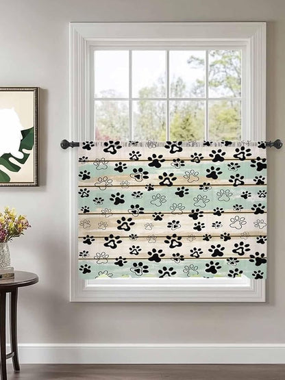 Sheer Curtains 54 Inch Length, Sage Green Beige Farmhouse Semi Sheer Curtains Light Filtering Window Treatment, Black Dog Paw Vintage Wooden Privacy Voile Drapes for Living Room Bedroom 52x54 Inch