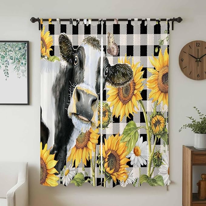 Retro Sunflowers Living Room Curtains 96 Inch Length, Window Curtains Tab Top, Farmhouse Floral Cow Butterfly Black Plaid Light Filtering Window Treatments Drapes 52"x96" 2 Panel