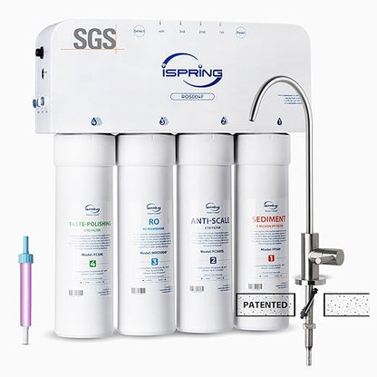 iSpring RO5004F Reverse Osmosis Water Filter with UV, SGS Tested PFAS and TDS Reduction, 500 GPD RO System Under Sink, 2:1 Pure to Drain, Tankless RO Water Filtration System, Filter Life Monitor