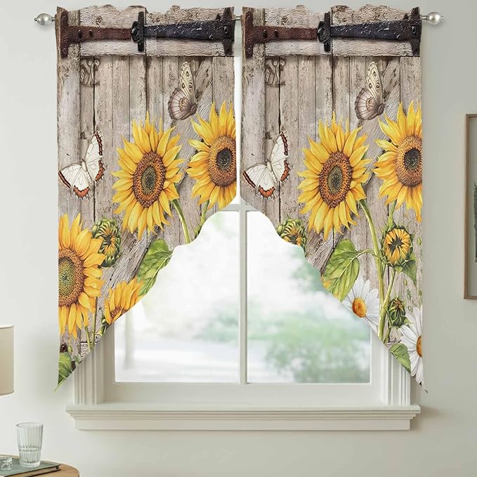 Farmhouse Sunflowers Swag Valances for Windows, Rustic Barn Doors Flowers Butterfly Wooden Rod Pocket Kitchen Curtains Valance, Kitchen Window Curtains Swag for Cafe Living Room, 2 Panels, 36x45 inch