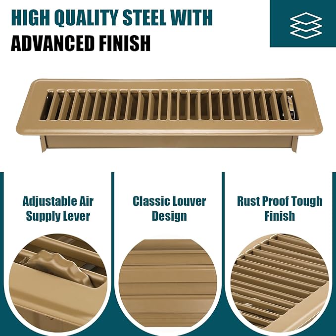 VOISEN Floor Register 2x12, 6 Pack Floor Vent Covers, Steel Adjustable Air Supply Grille Register Vent Cover Grill for Sidewall and Floor, Vent Covers for Home Floor,Brown