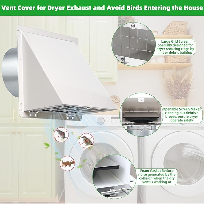 4 Inch Dryer Vent Cover Outside with Mesh and Damper,Wall Vent Exhaust Vent Cover,4" Metal Dryer Vent Cover Outdoor,Exterior Dryer Vent Hood Outlet Cap for Laundry Dryer Range Hood AC Air Vent,White