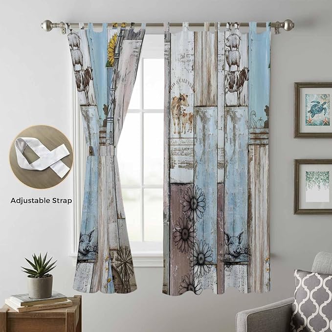 Blue Grey Wooden Living Room Curtains 84 Inch Length, Window Curtains Tab Top, Farmhouse Barn Sunflowers Retro Light Filtering Window Treatments Drapes 52"x84" 2 Panel