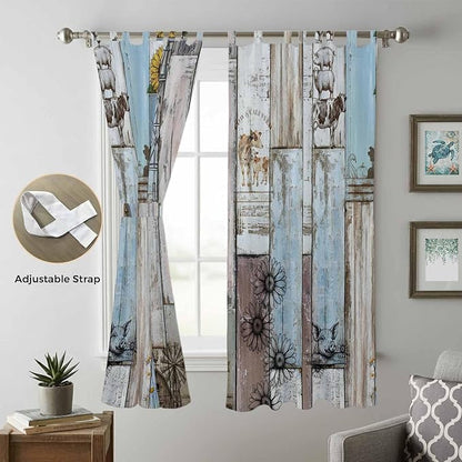 Blue Grey Wooden Living Room Curtains 84 Inch Length, Window Curtains Tab Top, Farmhouse Barn Sunflowers Retro Light Filtering Window Treatments Drapes 52"x84" 2 Panel