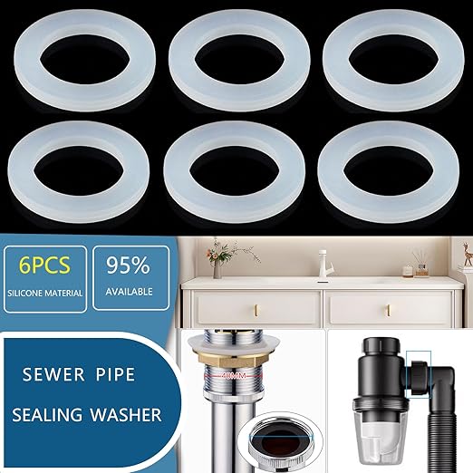 6PCS Bathroom Sink Filter Sealing Ring, Bathroom Drain Pipe Flat Silicone Gasket, Basin Waste Pipe 1.57-inch Drainage Pipe Odor Collector Siphon Pipe, 40mm Inclined Sliding Joint Gasket