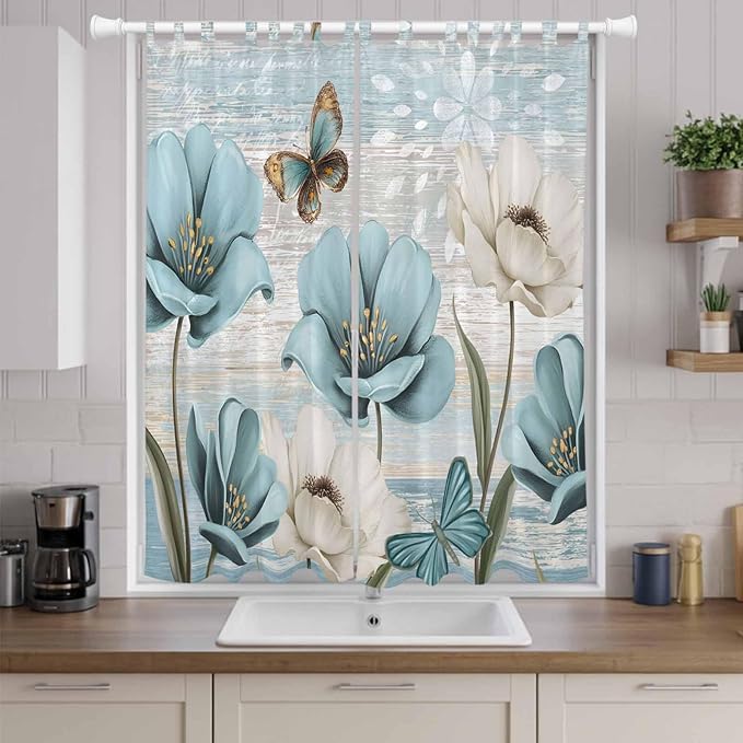 Spring Floral Living Room Curtains 84 Inch Length, Window Curtains Tab Top, Vintage Tulips Flower Butterfly Retro Wood Blue Light Filtering Window Treatments Drapes 52"x84" 2 Panel