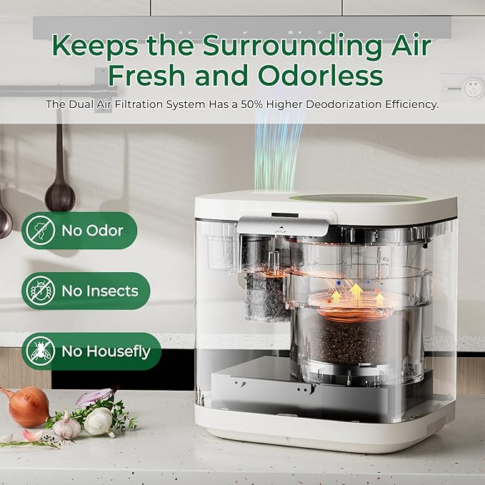 Electric Composter for Kitchen, Smart Compost Bin with Viewing Window Indoor Outdoor/Odorless/Low Noise/Auto-Cleaning, Compost Machine, Turn Food Waste into Fertilizer for Garden, Gift