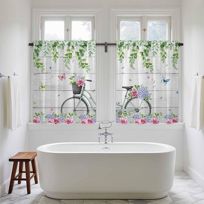 Spring Tier Curtains, Bicycles Botanical Rose Leaves Butterfly Wood Grain Light Filtering Kitchen Curtains, 2Pcs Rod Pocket Half Window Treatments Panels for Sink Cafe Cabinet Basement 27.5x45 Inches