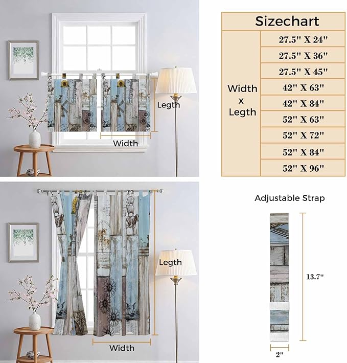 Blue Grey Wooden Kitchen Curtains 36 Inch Length, Small Window Curtains Tab Top, Farmhouse Barn Sunflowers Retro Light Filtering Short Window Treatments Tier Drapes 27.5"x36" 2 Panel