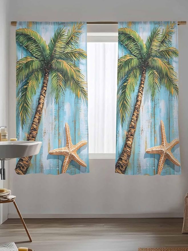 Sheer Curtains 72 Inches Long, Coastal Beach Tree Semi Sheer Curtains Light Filtering Window Treatment, Summer Tropical Starfish Wood Grain Privacy Voile Drapes for Living Room Bedroom 52x72 Inch