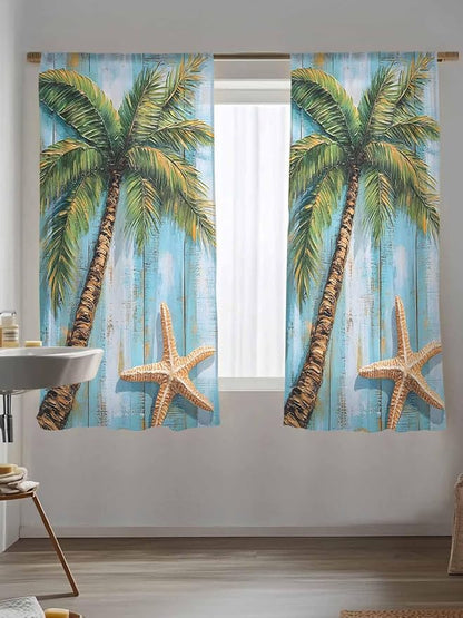 Sheer Curtains 72 Inches Long, Coastal Beach Tree Semi Sheer Curtains Light Filtering Window Treatment, Summer Tropical Starfish Wood Grain Privacy Voile Drapes for Living Room Bedroom 52x72 Inch
