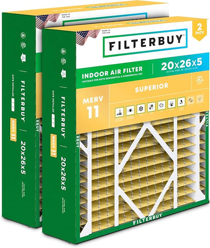 Filterbuy 20x26x5 Air Filter MERV 11 Superior Pet & Allergy Defense (2-Pack), Pleated HVAC AC Furnace Filters for Electro-Air, Lennox, White Rodgers, and More (Actual Size: 20.00 x 25.88 x 4.88)