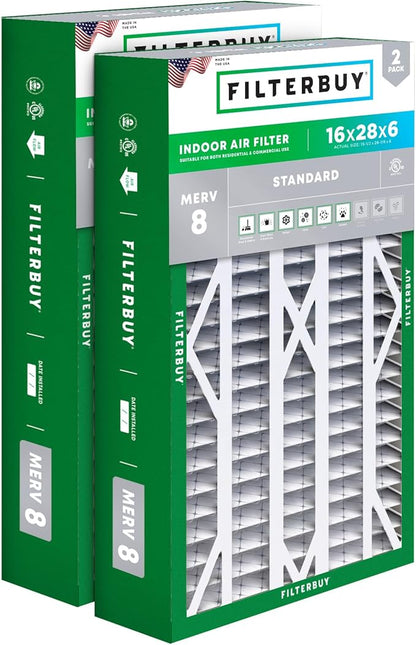 Filterbuy 16x28x6 Air Filter MERV 8 Essential Dust & Allergy Defense (2-Pack), Pleated HVAC AC Furnace Filters for AprilAire Space-Gard 401, 2400, & Lennox (Actual Size: 15.50 x 26.88 x 6.00)