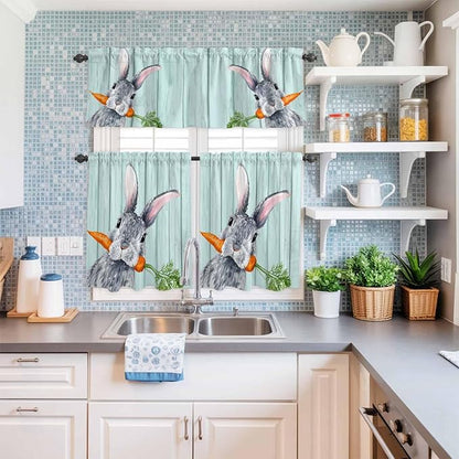 Easter Kitchen Curtain Set, Spring Rabbit Botanical Carrots Green Wooden Grain Window Valance and Tiers 36" Length, Light Filtering Short Curtains Valance for Cafe Bathroom Bedroom 54"x18"