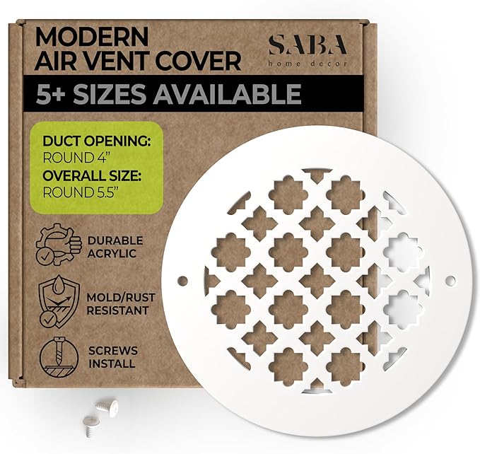SABA Home Decor Air Vent Cover Grille - Acrylic Plexiglass 2" Round Duct Opening (4" Round Overall) White Finish Registers for Walls and Ceilings NOT for Floor USE, Charlotte (2, 4" Round Screws)