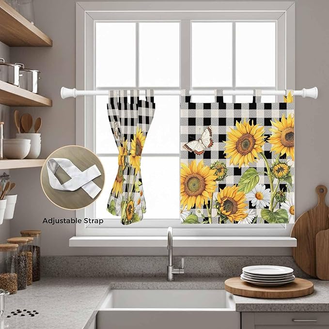 Sunflowers Kitchen Curtains 36 Inch Length, Small Window Curtains Tab Top, Yellow Flowers Butterfly Farmhouse Black Plaid Light Filtering Short Window Treatments Tier Drapes 27.5"x36" 2 Panel
