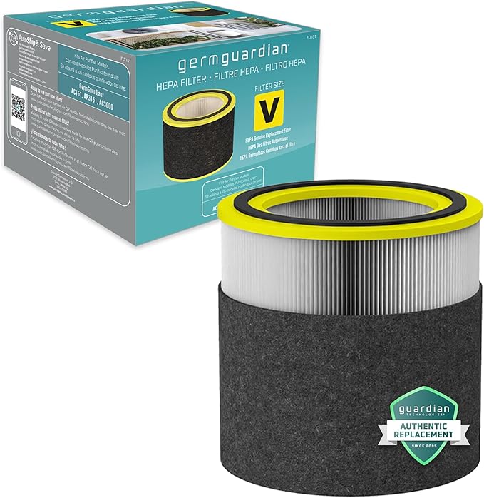 GermGuardian Filter V HEPA Pure Genuine Air Purifier Replacement Filter, Removes 99.97% of Pollutants, Wildfire Smoke, Odors, for Models AC3000W, AC3000B, AC3050, AP3151, AC151, Black/Yellow, FLT151