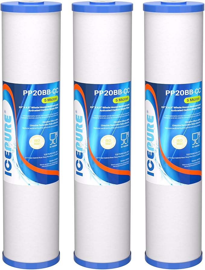 ICEPURE 5 Micron 20" x 4.5" Whole House Sediment and Carbon Water Filter Replacement Cartridge for AP810-2, SP-DD-5005-20BB, DGD-5005-20, FPMB5-20, P5-20BB, FP25B, SDG-45-2005, CMMF0520-45W1, 3PACK