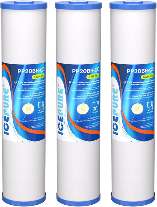 ICEPURE 5 Micron 20" x 4.5" Whole House Sediment and Carbon Water Filter Replacement Cartridge for AP810-2, SP-DD-5005-20BB, DGD-5005-20, FPMB5-20, P5-20BB, FP25B, SDG-45-2005, CMMF0520-45W1, 3PACK
