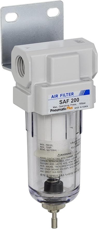 PneumaticPlus SAF200-N02B Miniature Compressed Air Particulate Filter 1/4" NPT - Poly Bowl, Manual Drain, Bracket