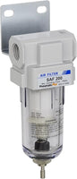 PneumaticPlus SAF200-N02B Miniature Compressed Air Particulate Filter 1/4" NPT - Poly Bowl, Manual Drain, Bracket