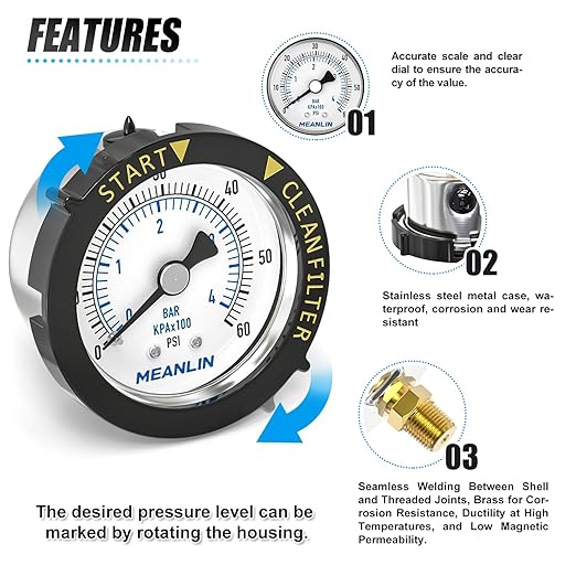 MEANLIN MEASURE 0~60Psi Stainless Steel Start and Clean Filter Pressure Gauge 1/4" NPT Waterproof for Pool Filter Pump Swimming Pool, Spa Center Back Mount with Rotatable Plastic Frame and Hex Bushing