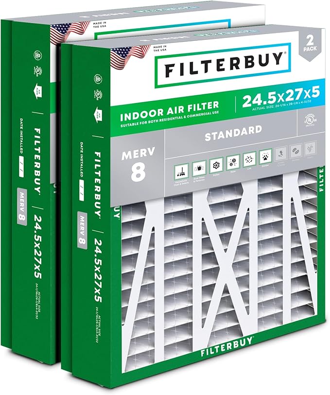 Filterbuy 24.5x27x5 Air Filter MERV 8 Essential Dust & Allergy Defense (2-Pack), Pleated HVAC AC Furnace Filters for Trane, American Standard, Honeywell, and More (Actual Size: 24.06 x 26.13 x 4.97)