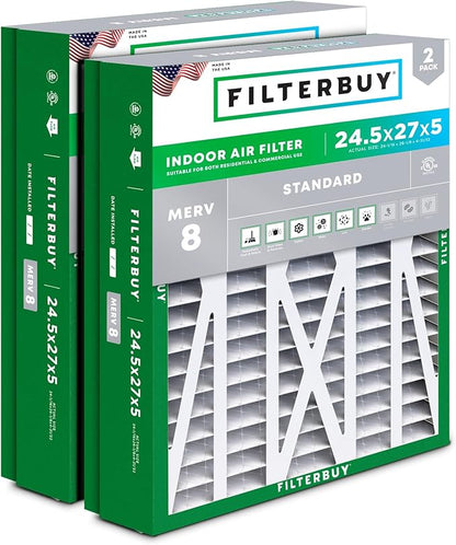 Filterbuy 24.5x27x5 Air Filter MERV 8 Essential Dust & Allergy Defense (2-Pack), Pleated HVAC AC Furnace Filters for Trane, American Standard, Honeywell, and More (Actual Size: 24.06 x 26.13 x 4.97)