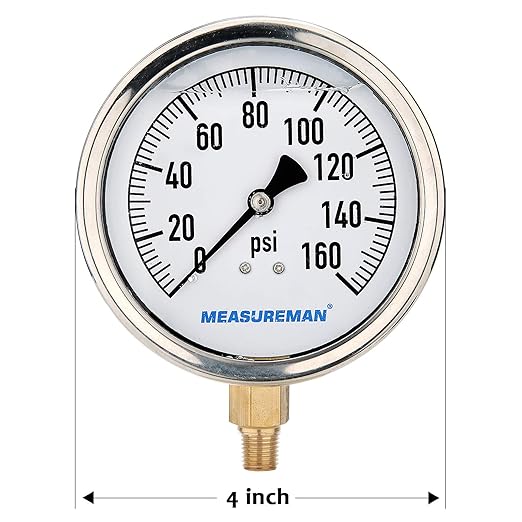 MEASUREMAN 4" Dial Size, Glycerin Filled Plumbing Pressure Gauge, 0-160psi, Stainless Steel Case, 1/4" NPT Lower Mount