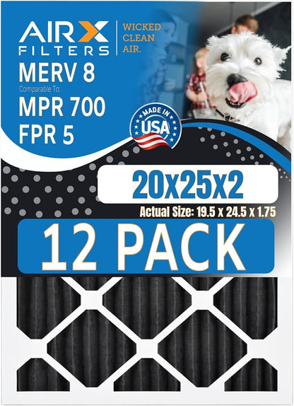 20x25x2 Air Filter MERV 8 Rating, 12 Pack of Furnace Filters Comparable to MPR 700, FPR 5, Pet Odor Retention Filters - Made in USA by AIRX FILTERS WICKED CLEAN AIR.